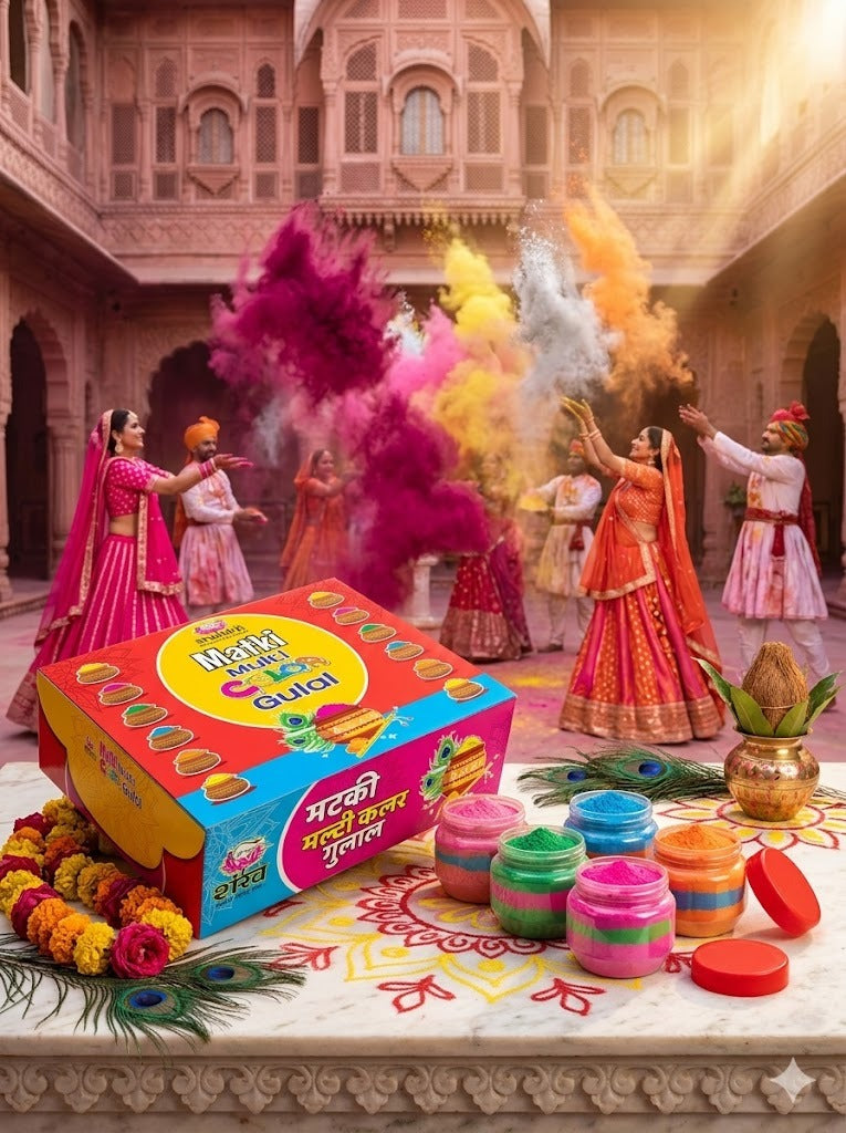 Holi color festival celebration with people throwing colored powder and a box of Holi colors in front.
