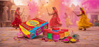 Colorful Holi powder and packaging with dancers in the background