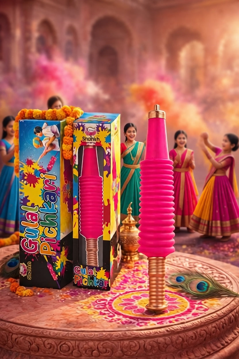 Gulal Pushkar product with colorful packaging and background