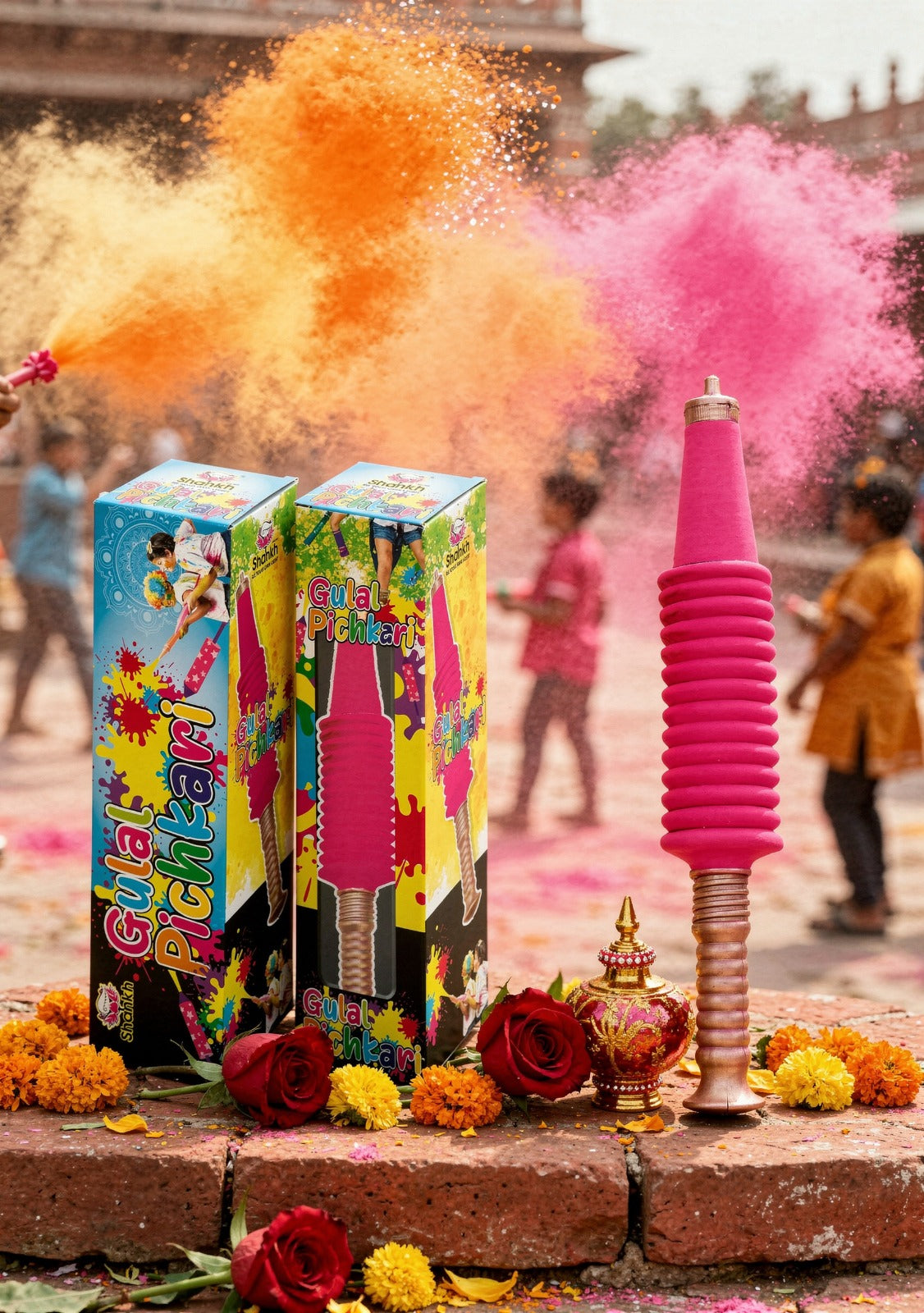 Colorful firework launchers with Holi powder and flowers on a street background