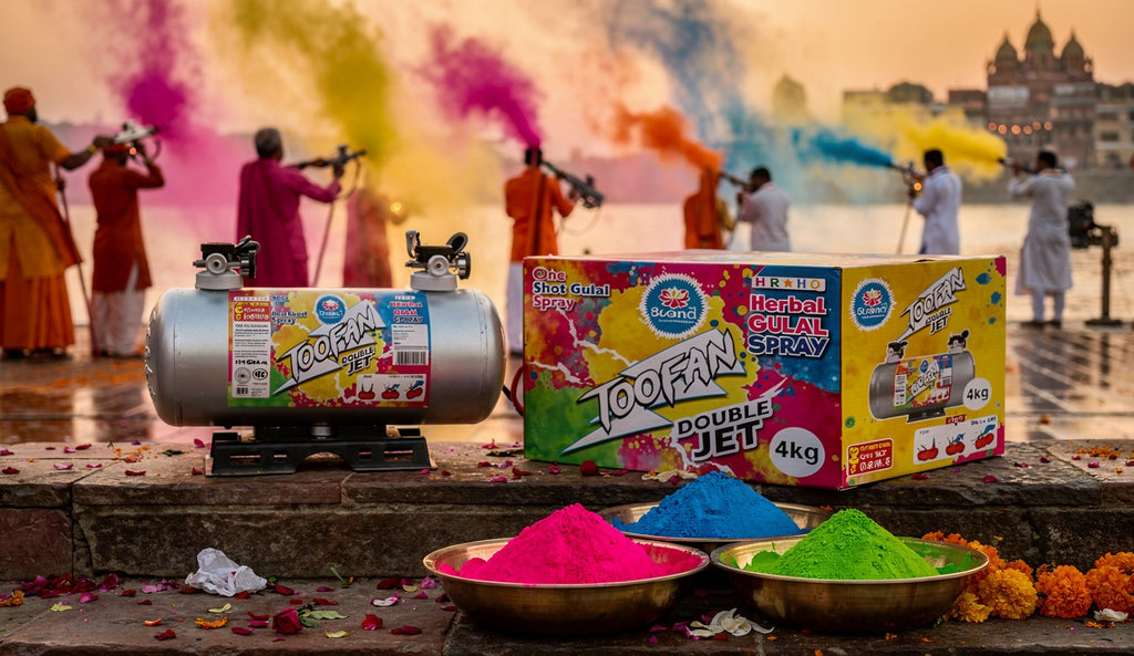 Colorful powder cans and holi colors with people in the background at sunset.