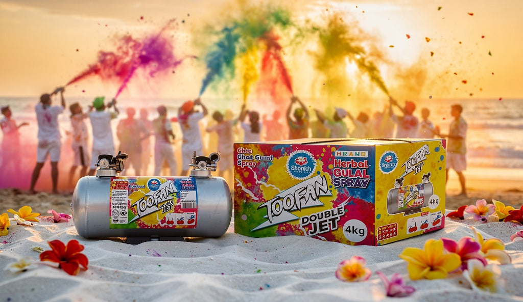 Colorful firework canisters and boxes on a beach with people celebrating in the background.