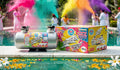Color spray canister and box by a pool with people in the background