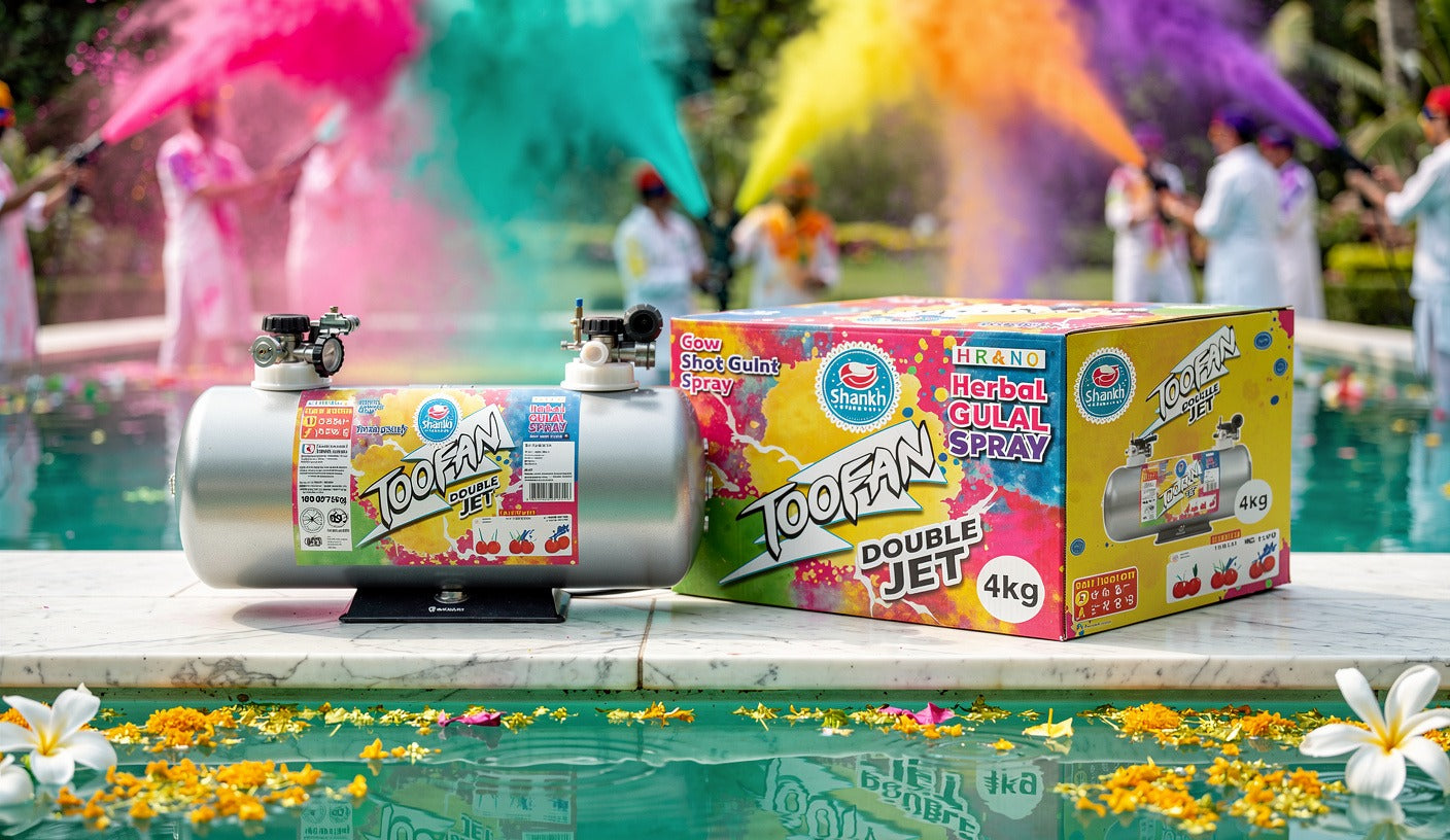 Color spray canister and box by a pool with people in the background