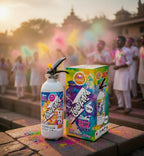 Toofan fire extinguisher and box with people celebrating Holi in the background