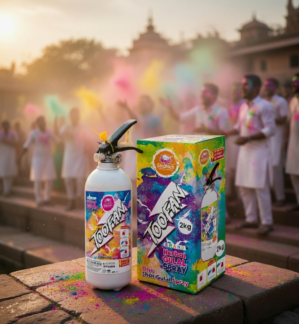 Toofan fire extinguisher and box with people celebrating Holi in the background