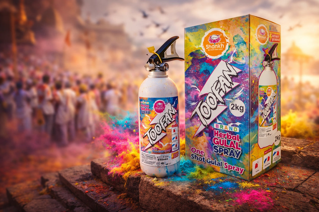 Gulal spray bottle and packaging with colorful powder on a stone surface, blurred crowd in the background
