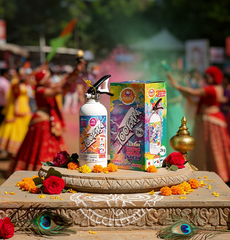 Two bottles of 'Too Fanu' products on a decorative platform with people in colorful attire in the background.