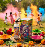 Toofan brand gulal spray with colorful powder and people playing with colors in the background