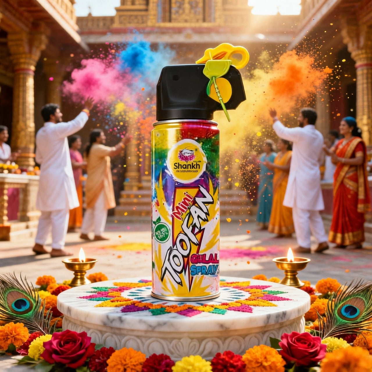 Shankh colorful spray can with people celebrating Holi in the background