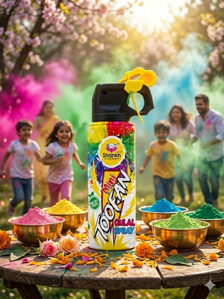 Shankh Gulal Spray bottle with colorful gulal powders and people in the background