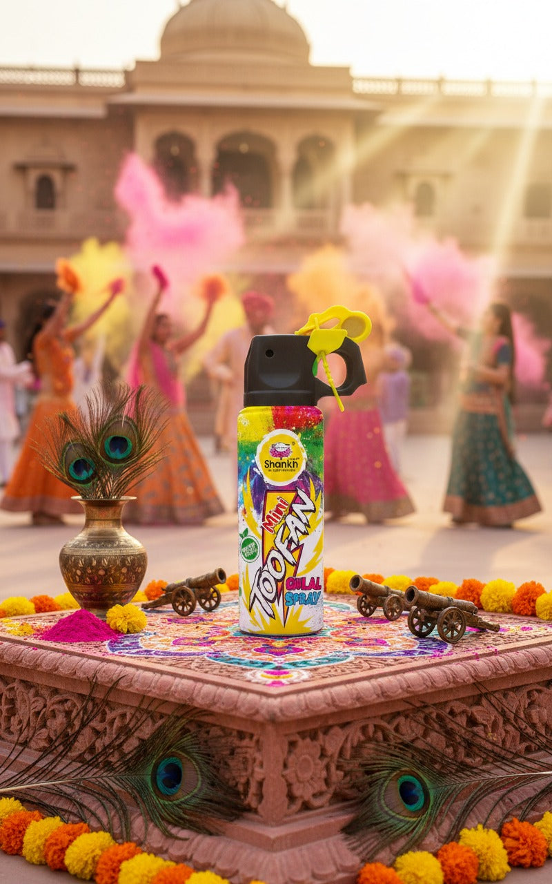 Colorful Roshni spray can on a decorative platform with people in colorful traditional attire in the background.