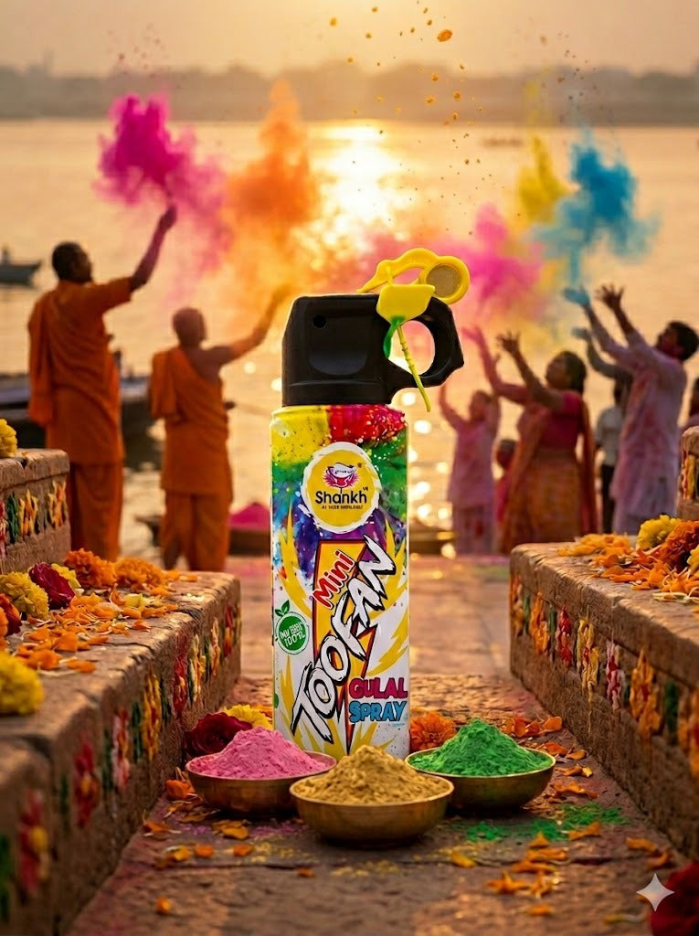 Shahnaz Toofan color spray can with people celebrating Holi festival by a river.