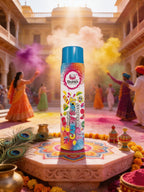 Shankh Colorful Powder Can with people celebrating Holi in the background