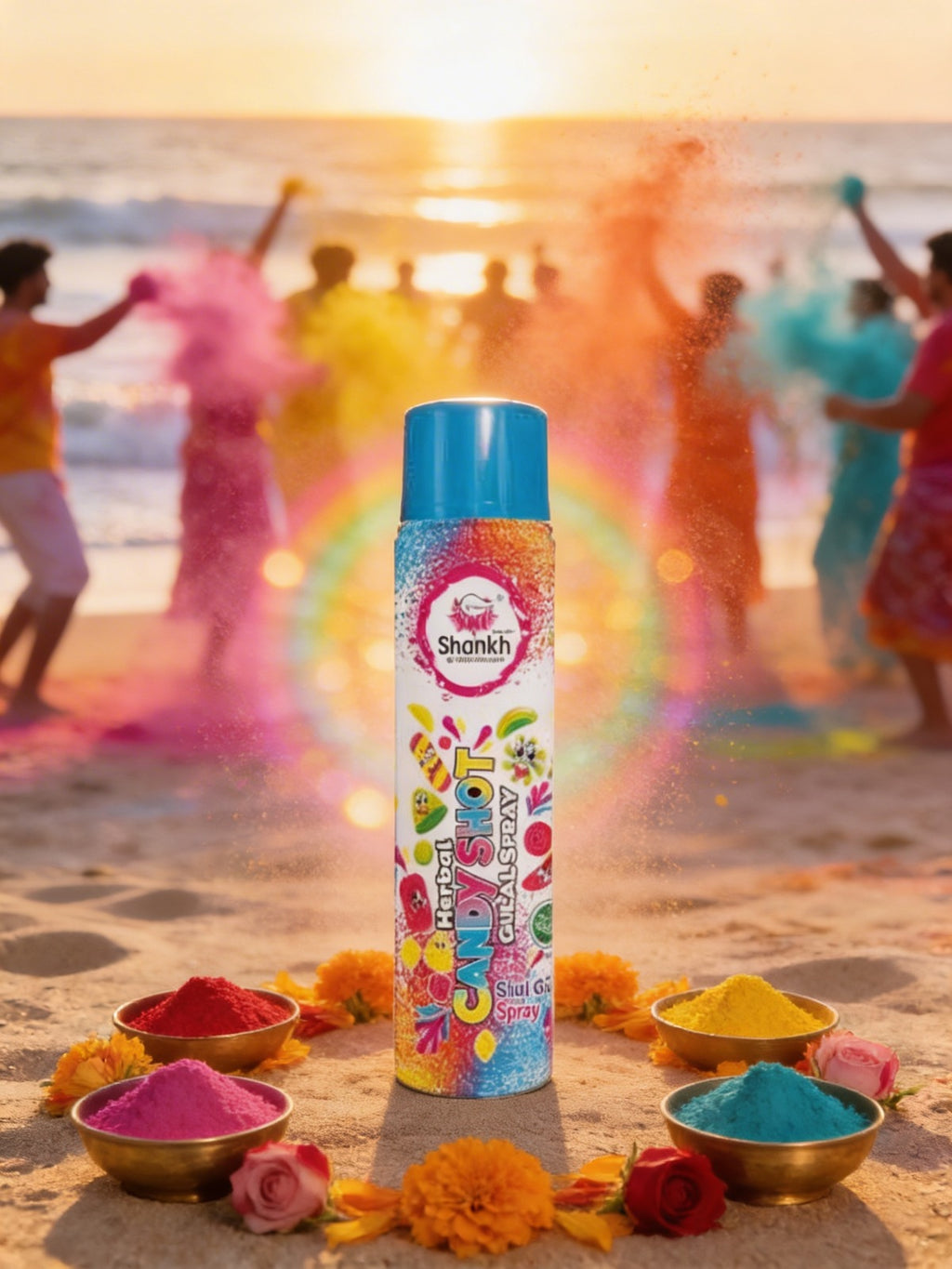 Shankh colorful powder can with people playing Holi in the background on a beach.