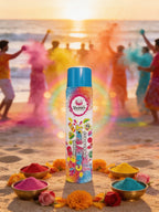 Shankh colorful powder can with people playing Holi in the background on a beach.