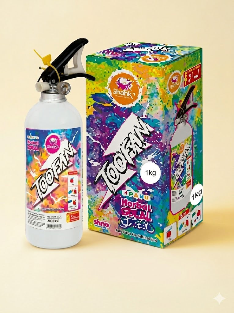 Shank Toofen bottle and colorful packaging on a beige background