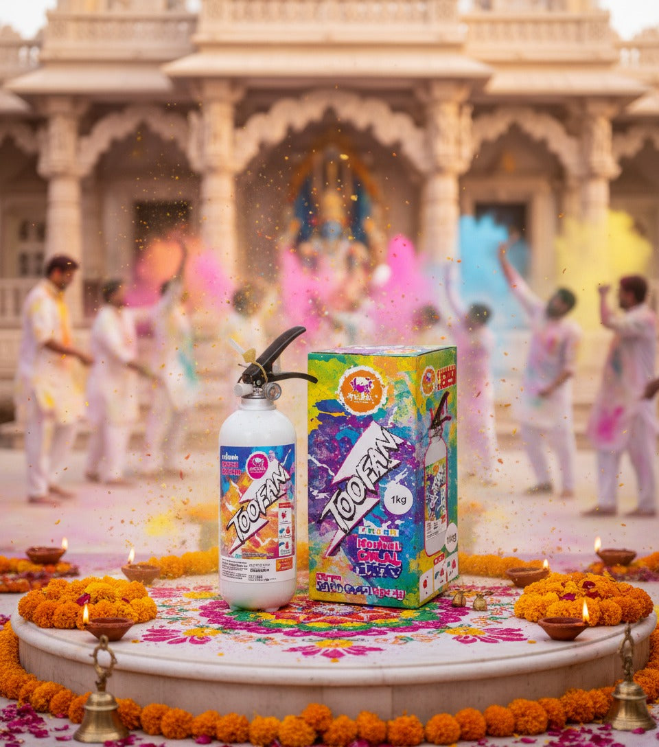 Spray can and box on a decorative platform with people celebrating Holi in the background.