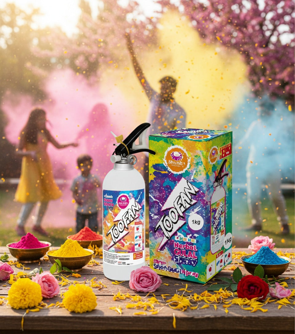 too Fan firework can and box with colorful powder and flowers on a wooden table, blurred people in the background.