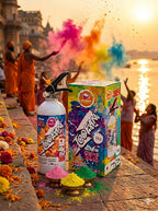 Colorful powder and box with 'Too Fun' branding on a scenic background with people and colorful smoke.