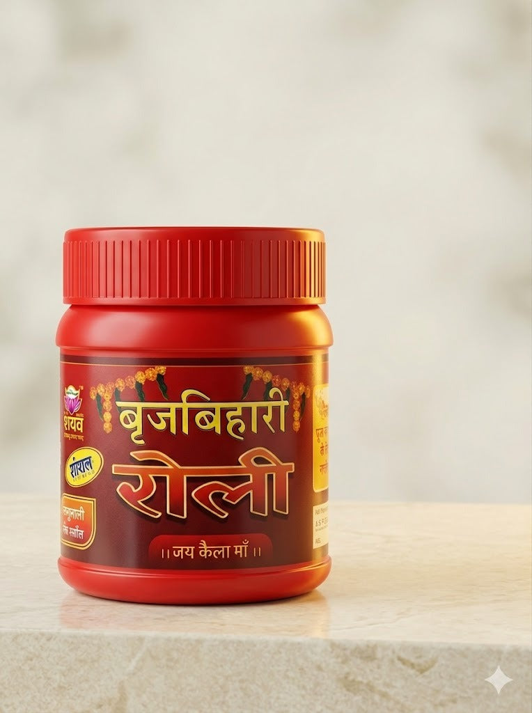 Red and gold jar with text on a beige background