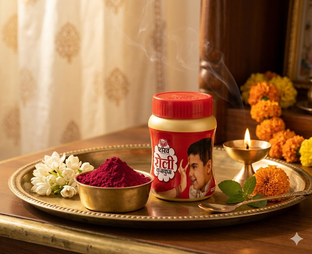 Jar of Dabur Amla with red powder and flowers on a tray