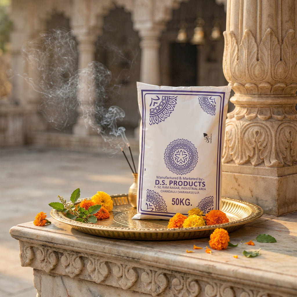 D.S. Products packaging on a decorative tray with flowers and incense in an outdoor setting.