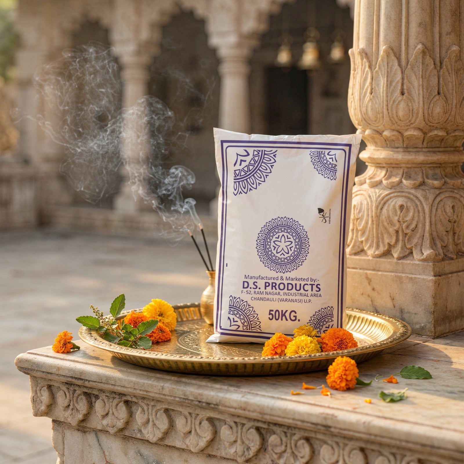 D.S. Products packaging on a decorative tray with flowers and incense in an outdoor setting.