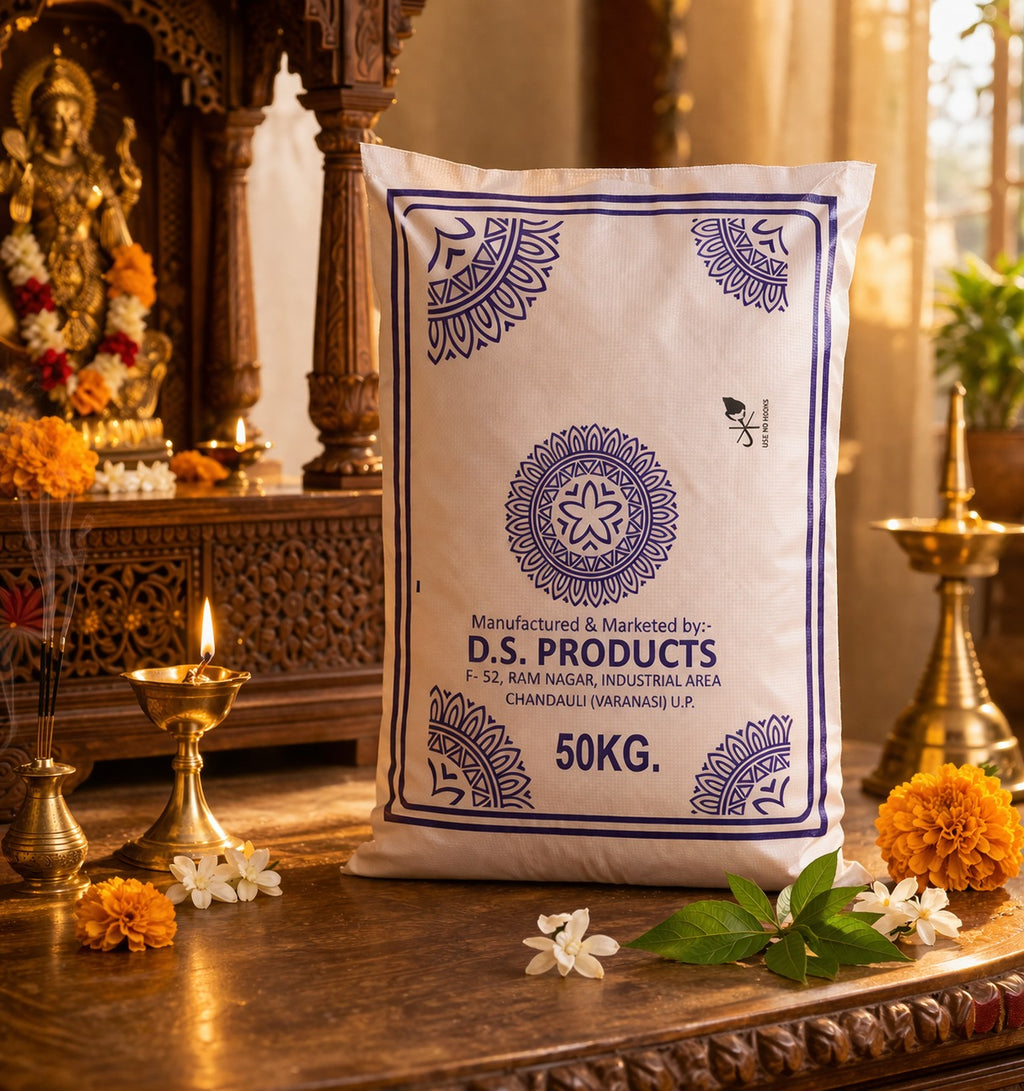 D.S. Products 50KG bag on a decorative table with religious items in the background