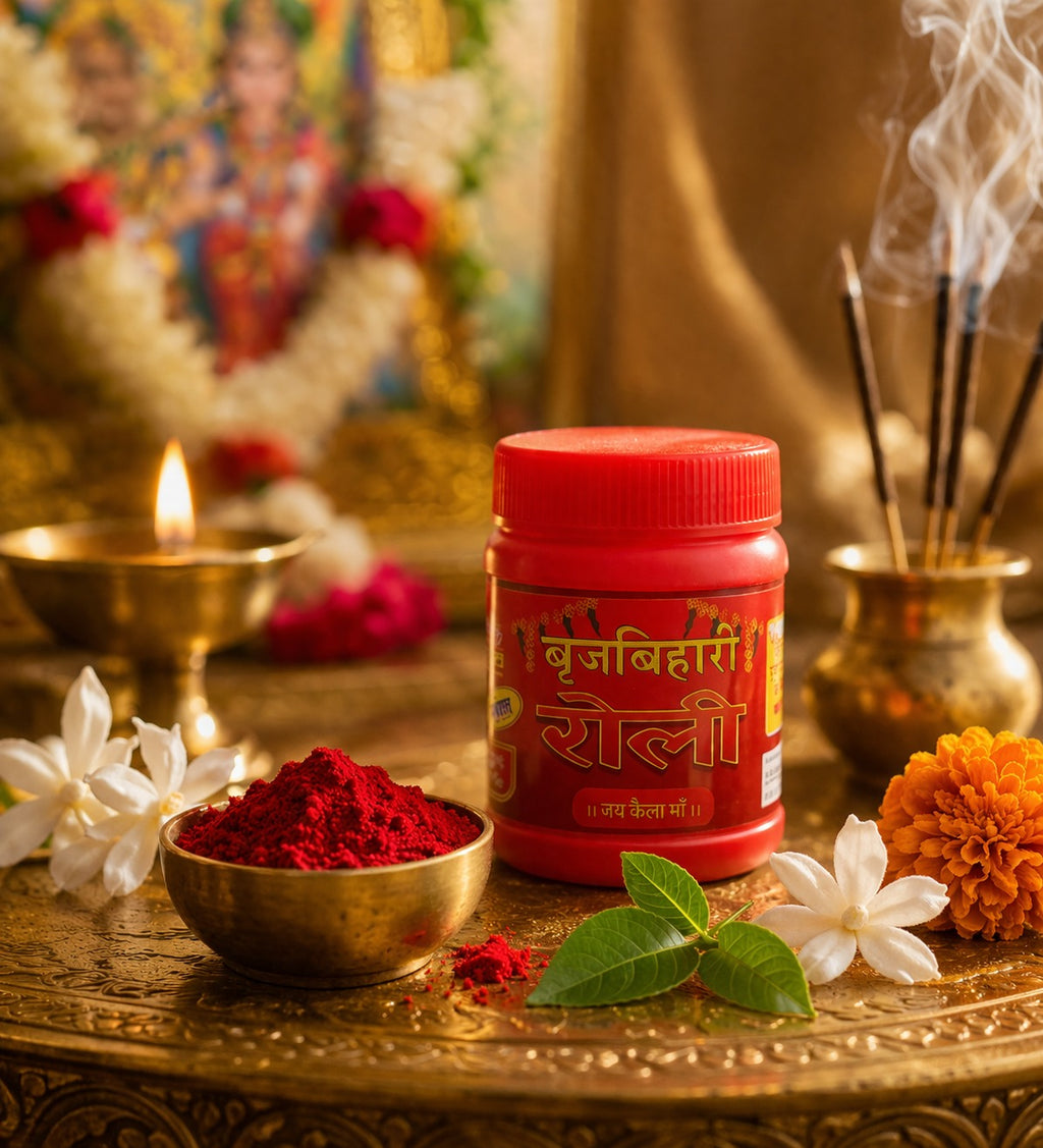 Red container labeled 'Bhagawati' on a decorative table with flowers and incense.