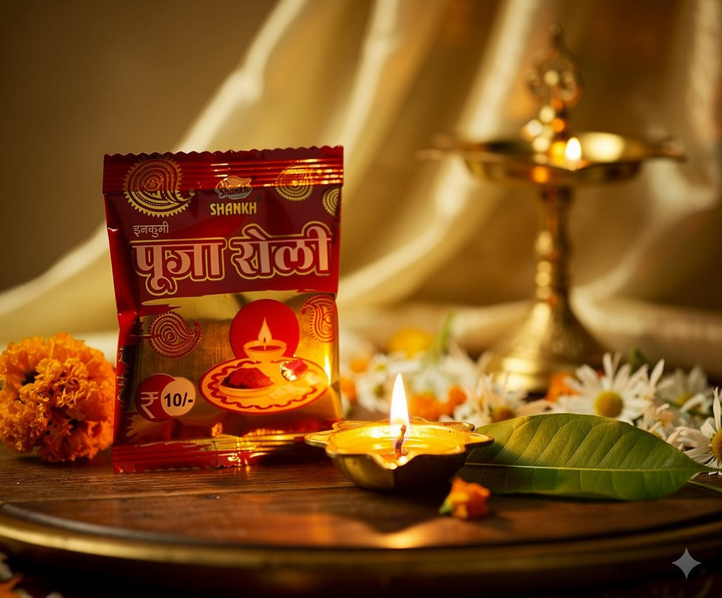 Shankh Puja Chalo packet with a lit candle and decorative elements on a wooden surface.