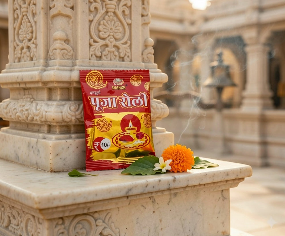 Puffed rice packet on a marble platform with temple architecture in the background