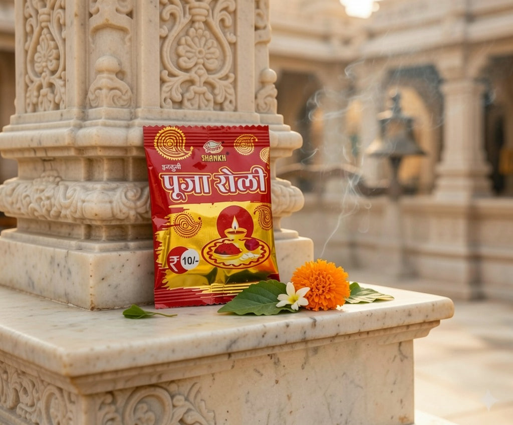 Puffed rice packet on a marble platform with temple architecture in the background