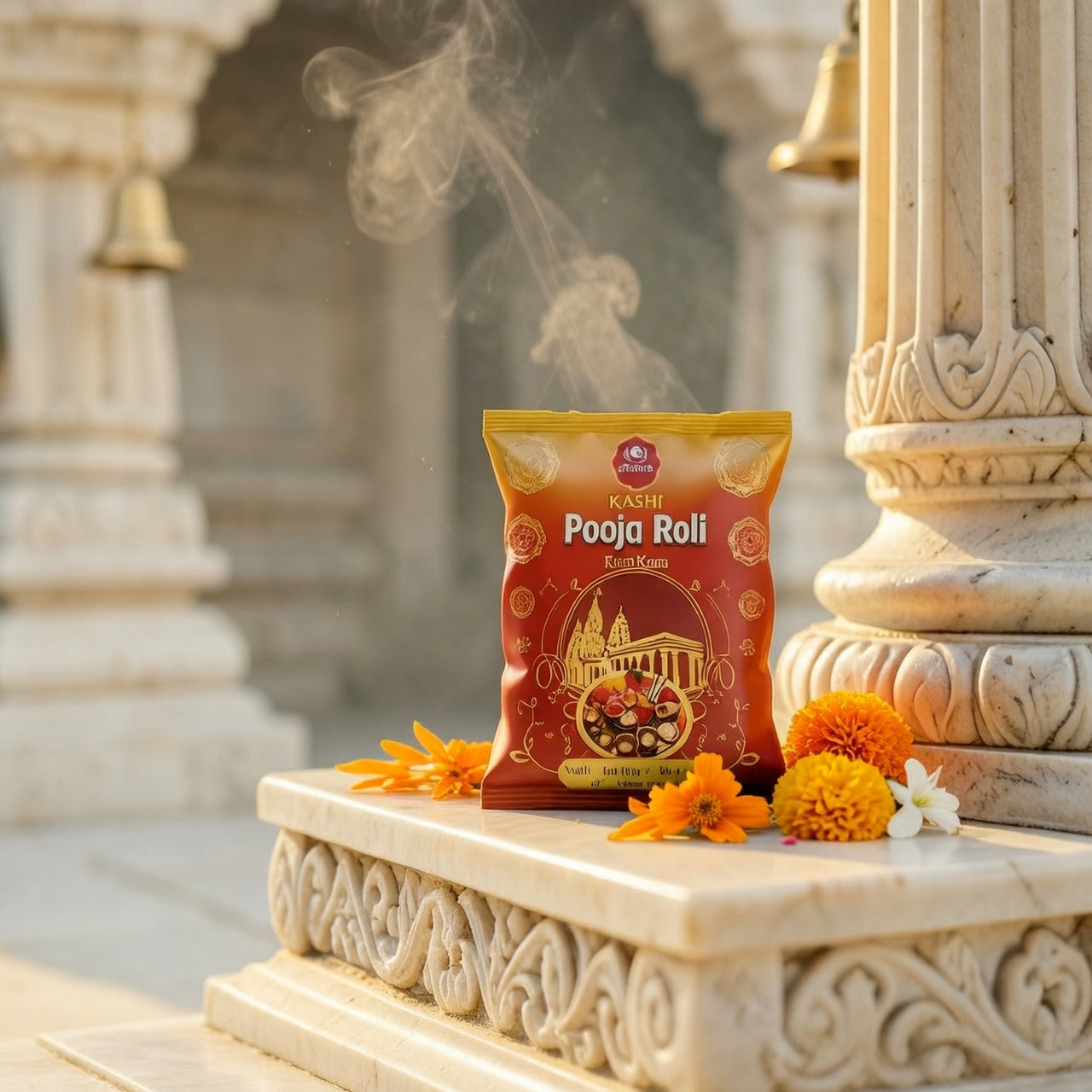 Kashi Pooja Roli packet on a decorative platform with flowers and smoke in the background