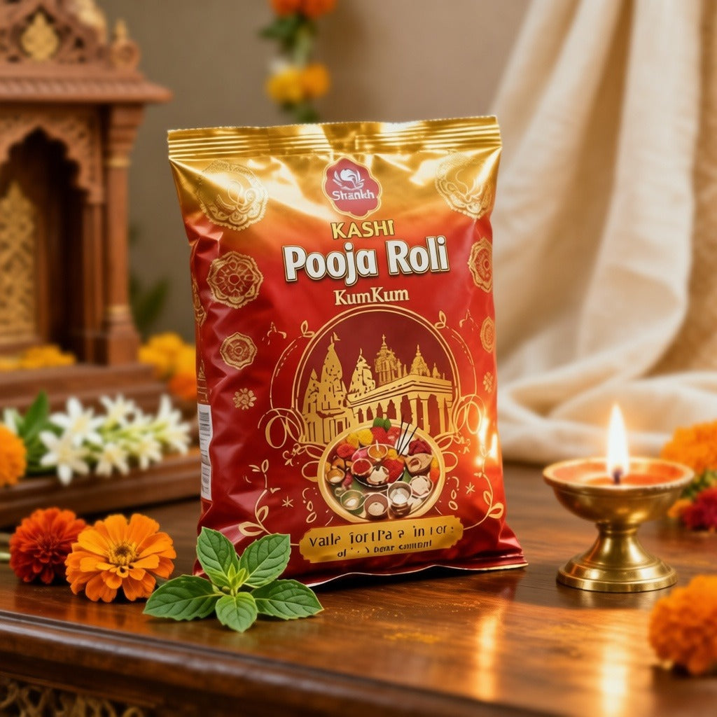 Kashi Pooja Roli package on a wooden surface with decorative elements