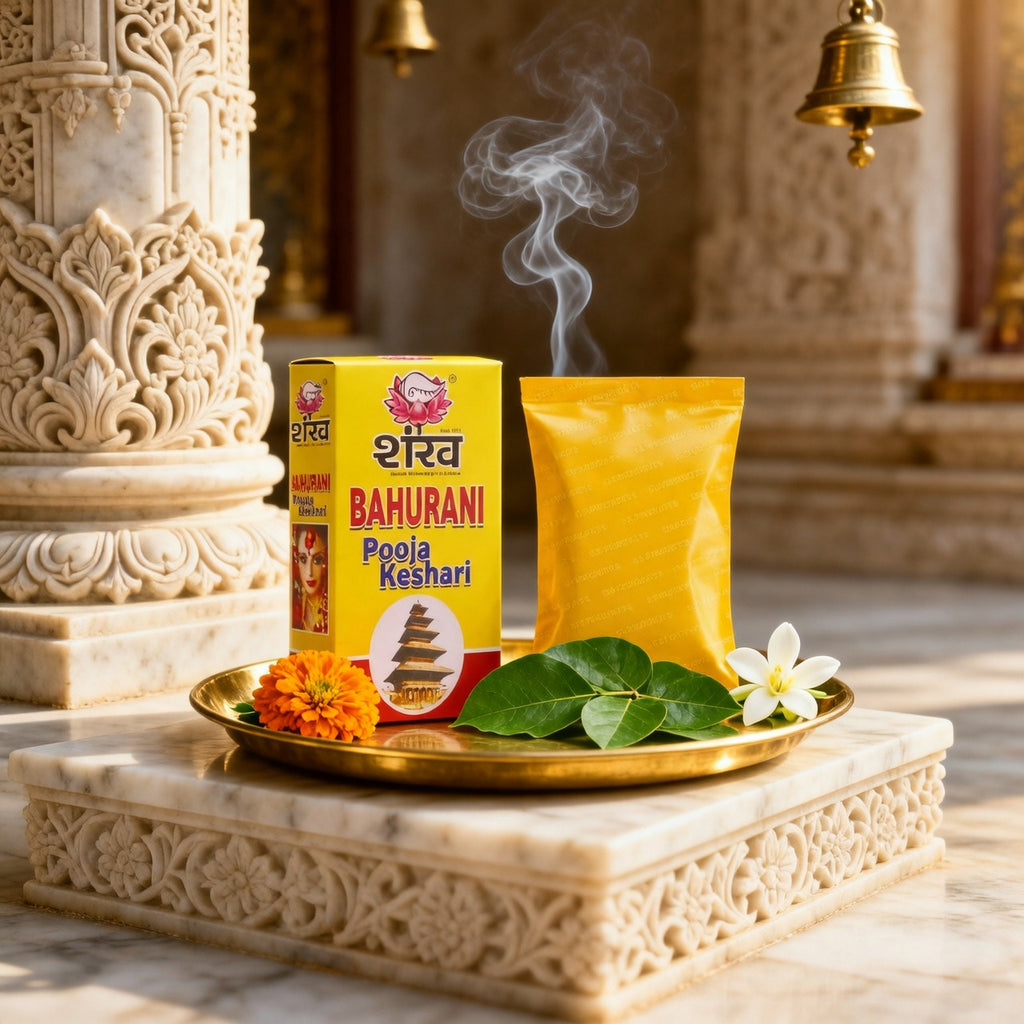 Pooja Keshari packaging with flowers and leaves on a decorative platform
