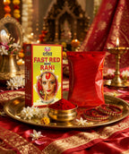 Fast Red Bahu Rani packaging on a decorative tray with flowers and jewelry.