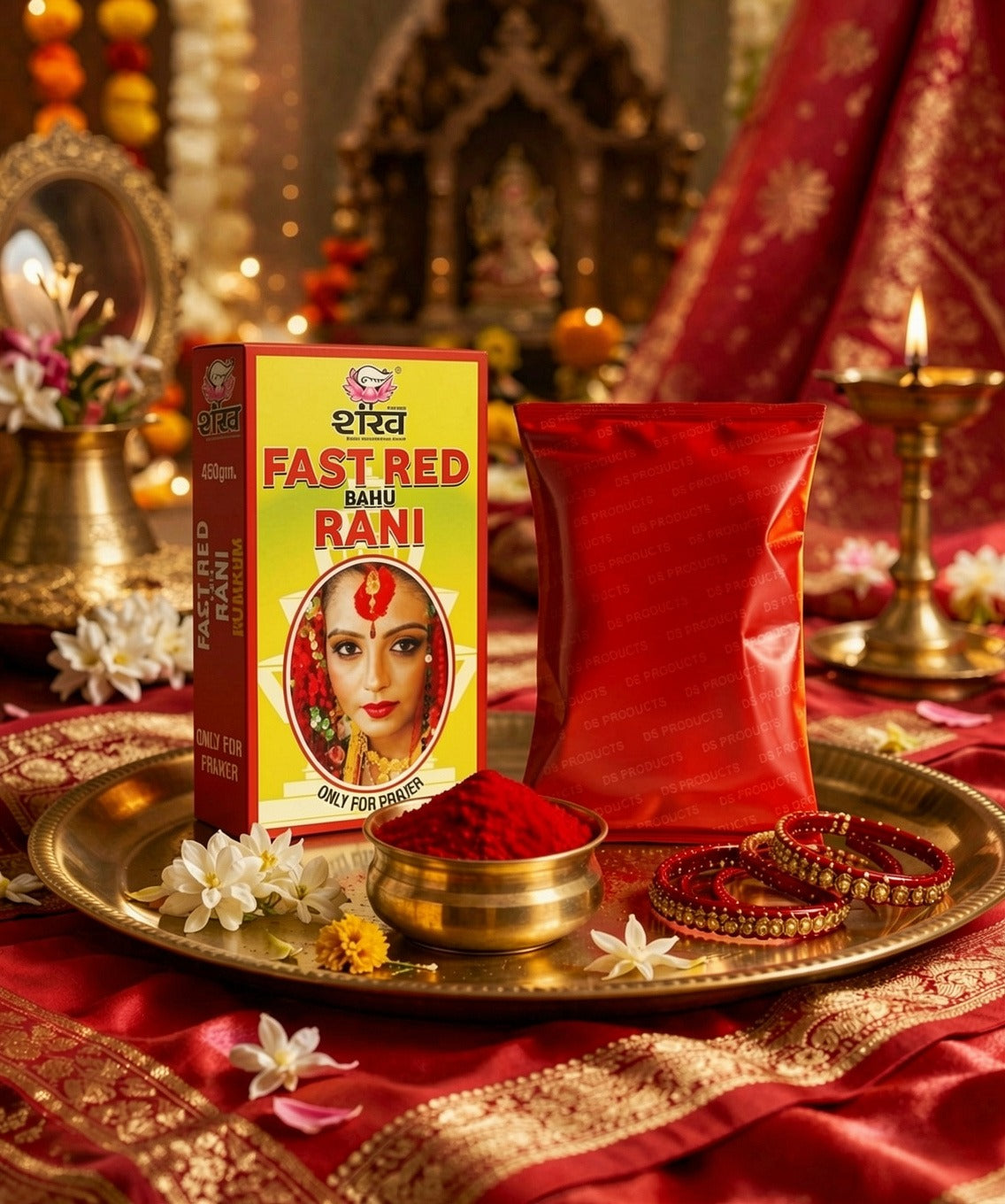 Fast Red Bahu Rani packaging on a decorative tray with flowers and jewelry.