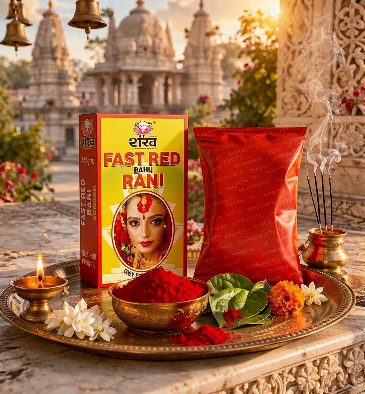 Shankh Fast Red Bahu Rani packaging with red powder on a decorative tray in front of a temple.