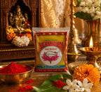 Shankh Brand Vermilion package with red powder and flowers on a decorative background