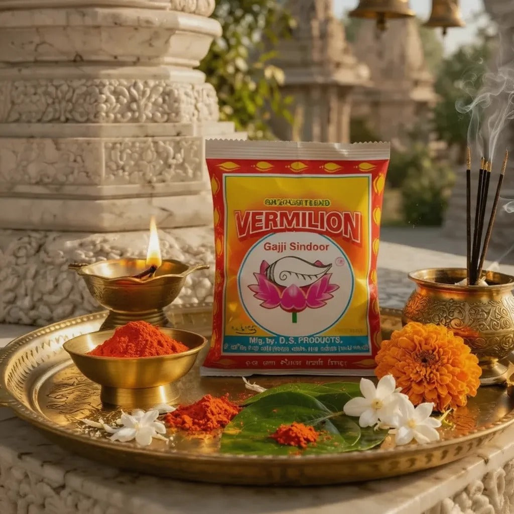 Vermilion package with traditional items on a tray in front of a temple.