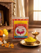 Shankh Brand Vermilion packaging with a bowl of vermicelli on a wooden surface.