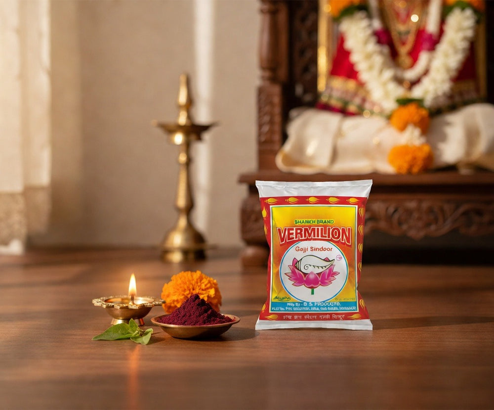 Vermilion powder packet on a wooden surface with decorative elements and a blurred background