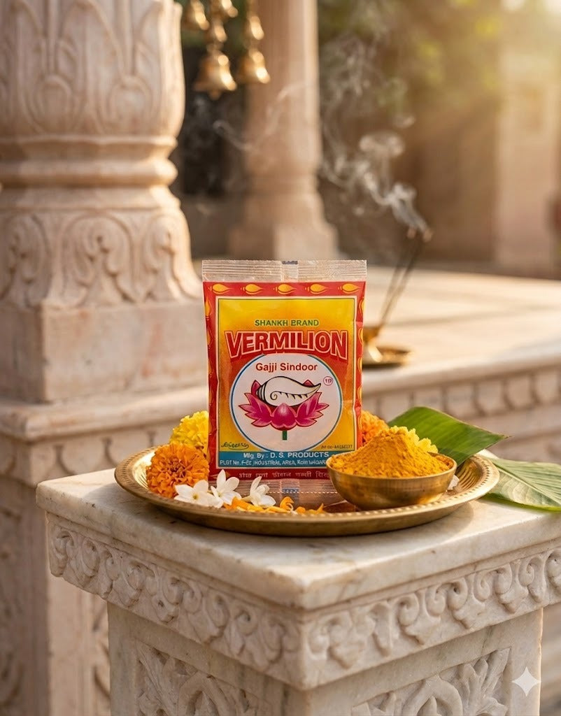 Vermilion powder packaging on a decorative platter with flowers and incense, set against a stone architectural background.