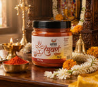 Jar of spices on a wooden surface with decorative elements and text