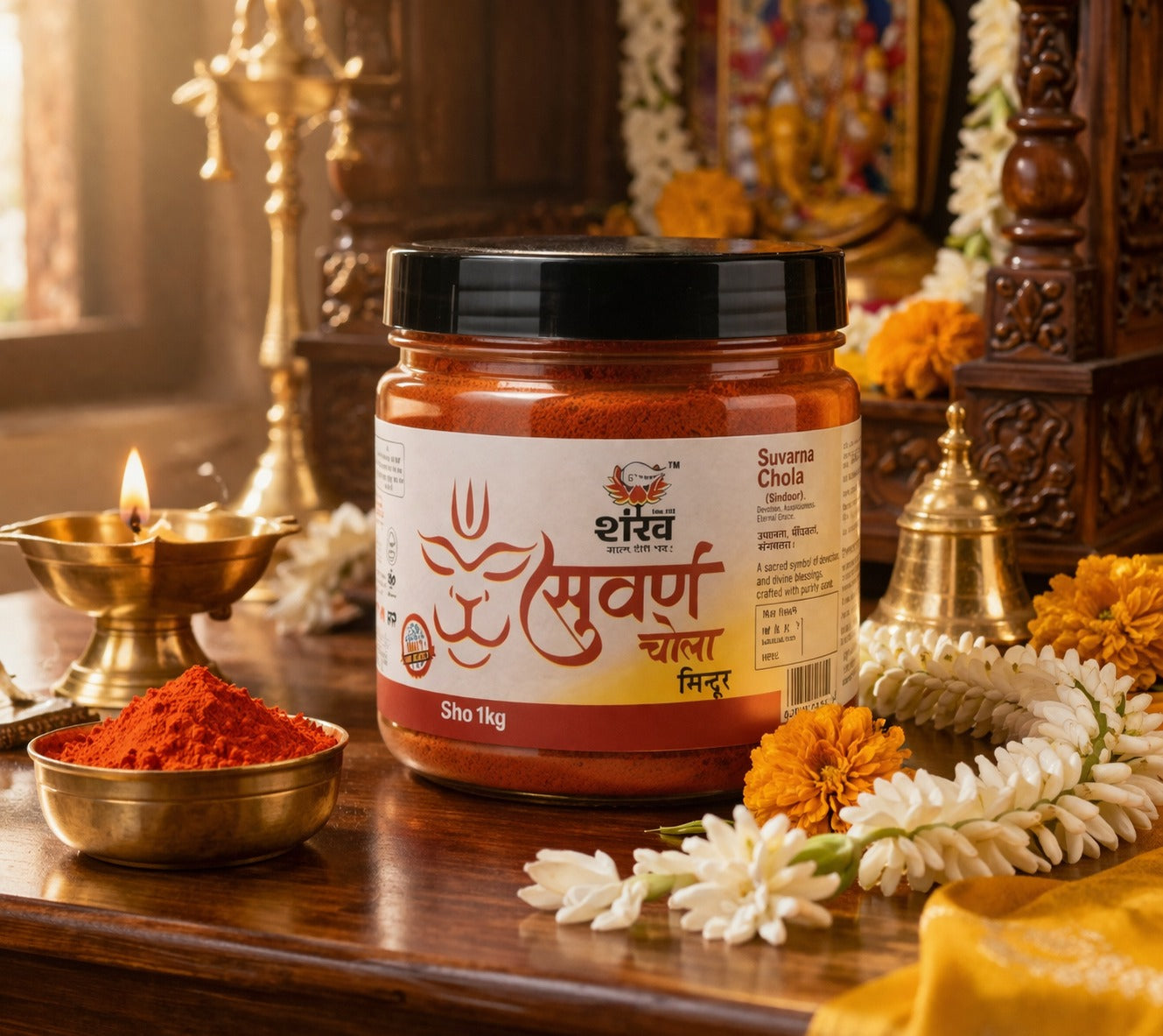 Jar of spices on a wooden surface with decorative elements and text