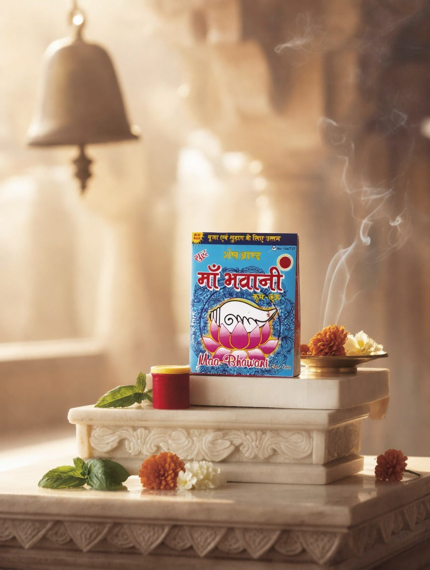 Packaged product on a decorative platform with flowers and a bell in the background