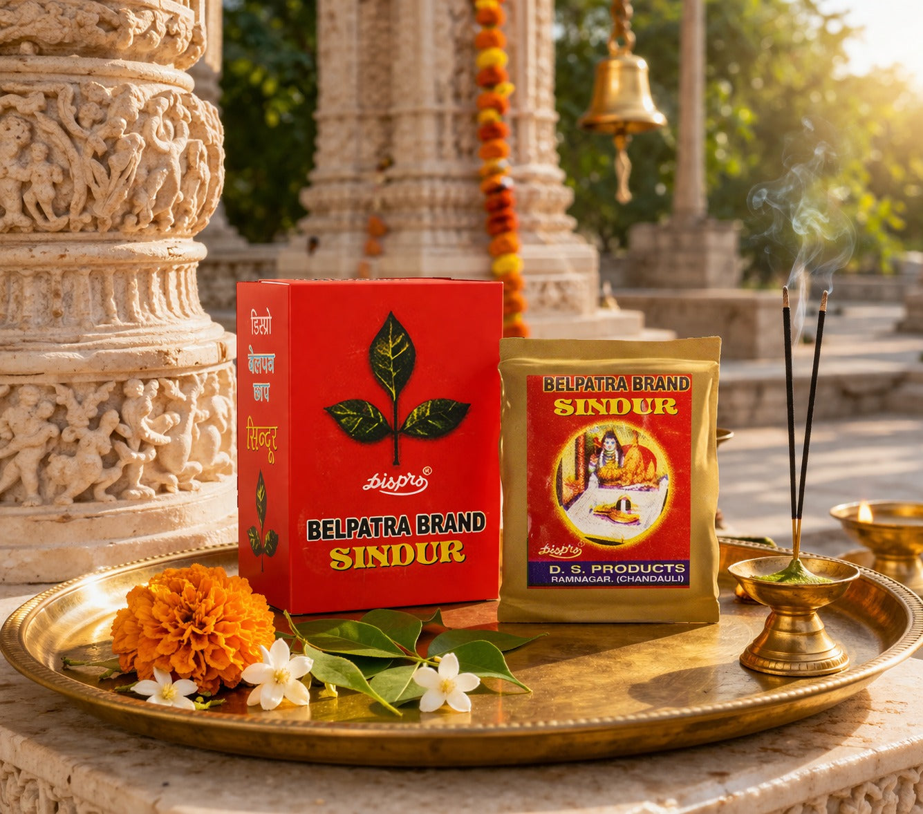 Belpatra Brand Sindur packaging on a tray with flowers and incense in front of a temple.