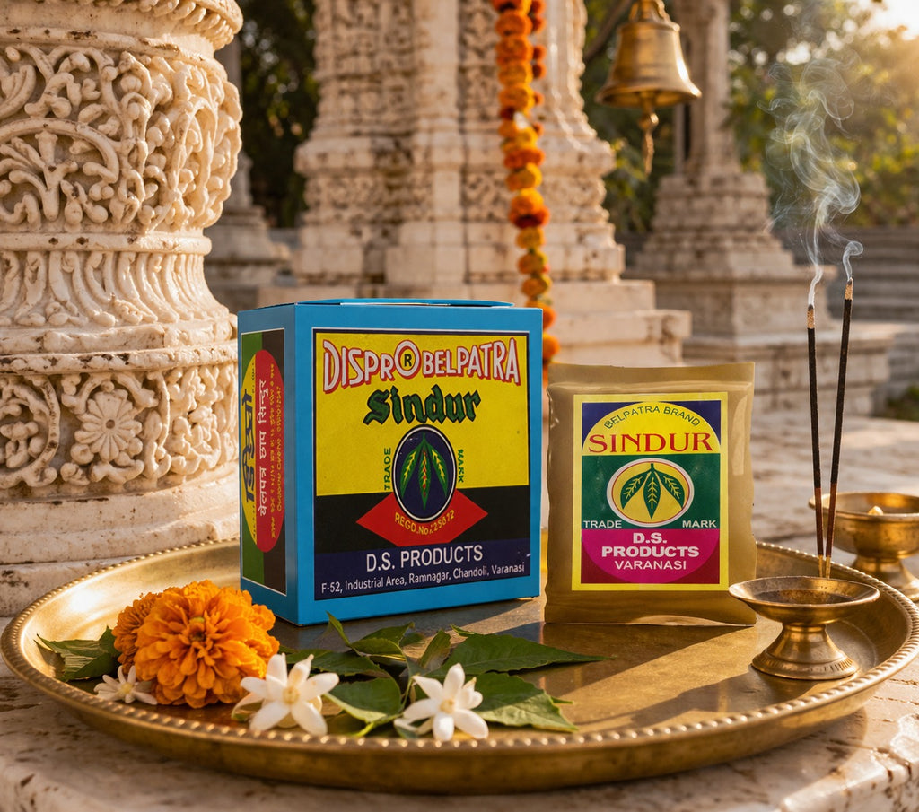 Sindur boxes on a tray with flowers and incense in front of temple architecture