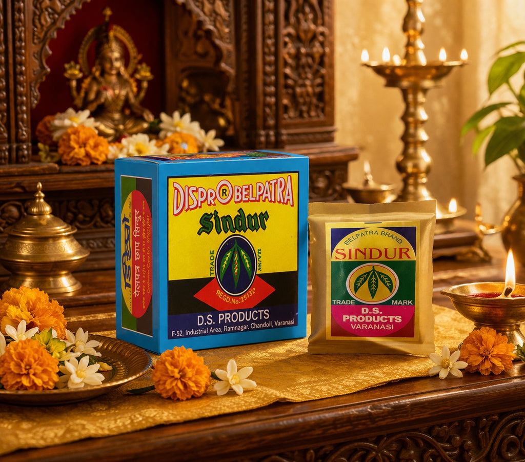 Two boxes of D.S. Products Sindur on a decorative table with flowers and candles.